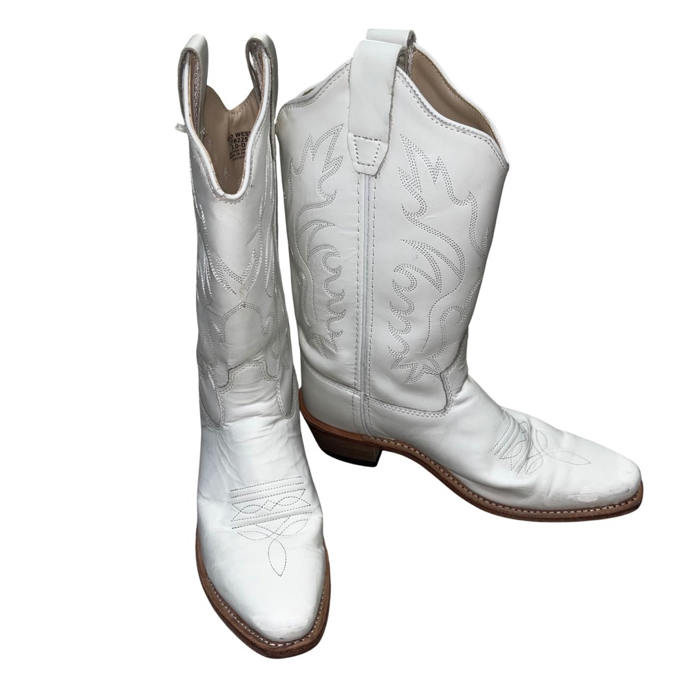 Old West White Leather Cowboy Boots Western Mid Calf Pointed Toe Kids 3 D